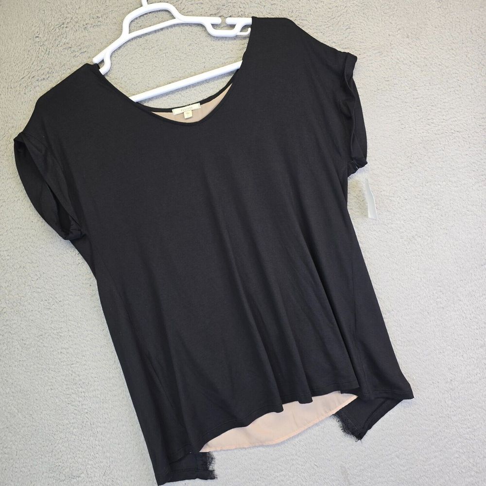 Pleione Top Womens L‎ Black Taupe Short Sleeve Lace Trim Layered Back USA Made